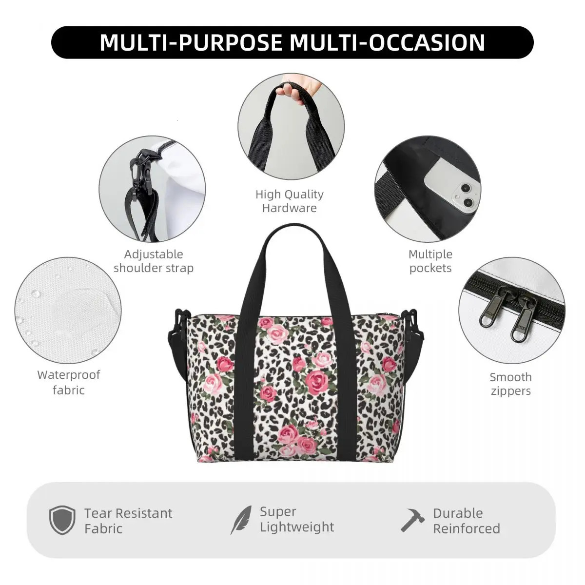Leopard Rose Print Hand Tote Bag Gym Sports Luggage Travel Men Women Bag Bags Unisex Duffle Bag Print 251110