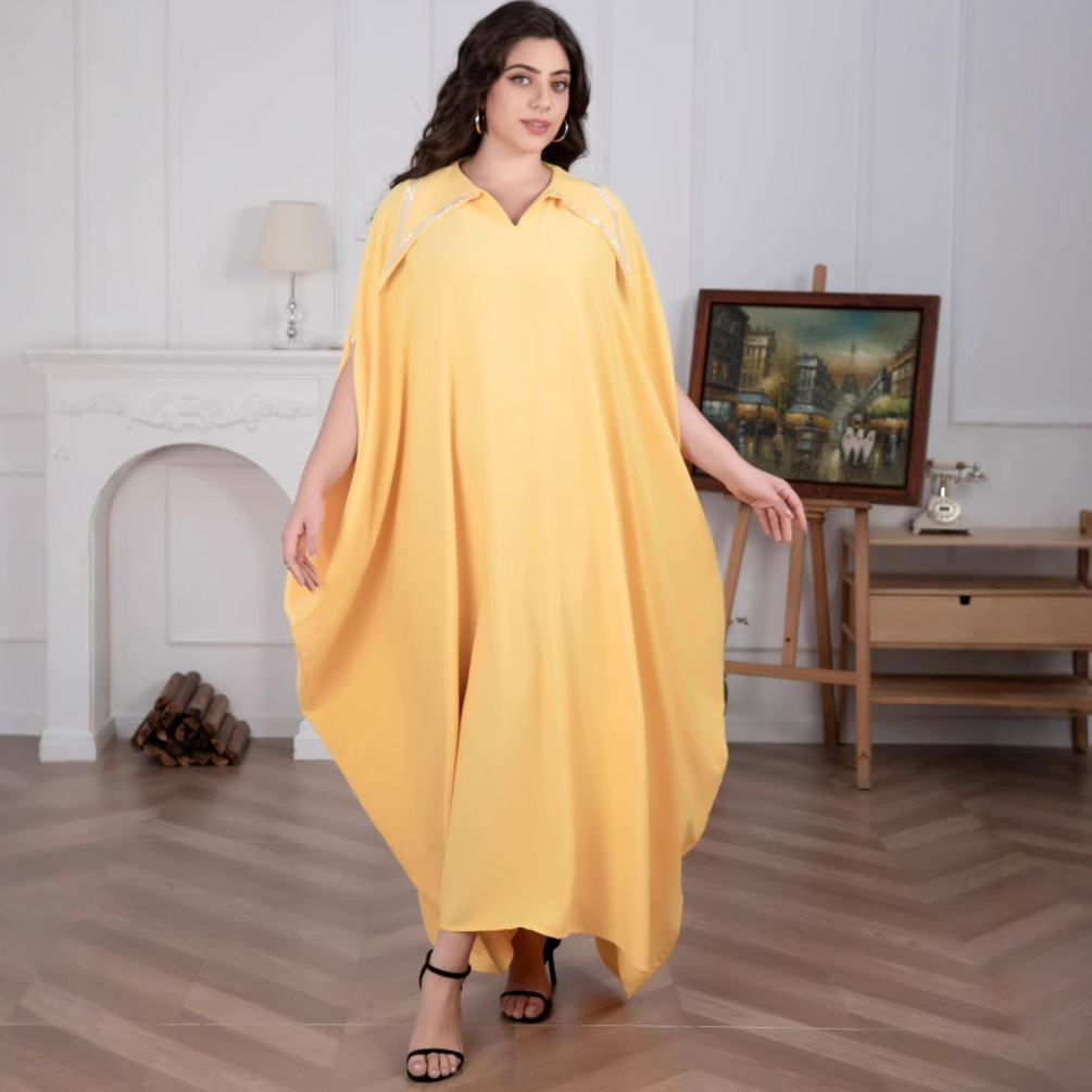 New plus size women's Muslim Dubai party robe with diamond studded bat sleeves dress