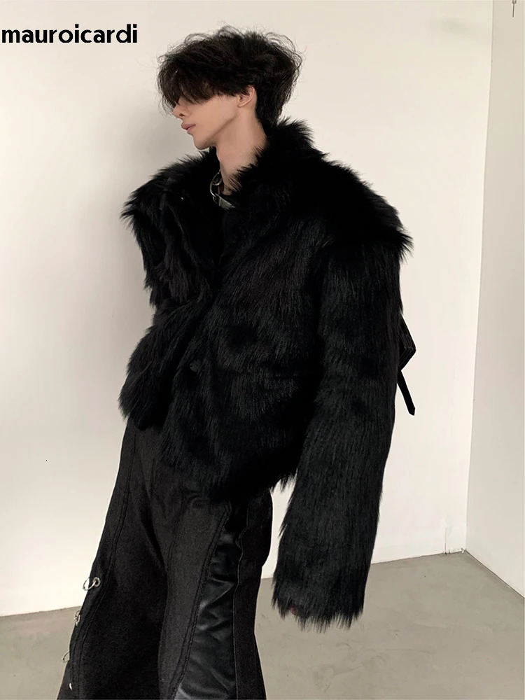 Mauroicardi Winter Short Cool Thick Warm Soft Black Hairy Faux Fox Fur Coat Men Long Sleeve Fluffy Jacket 251105