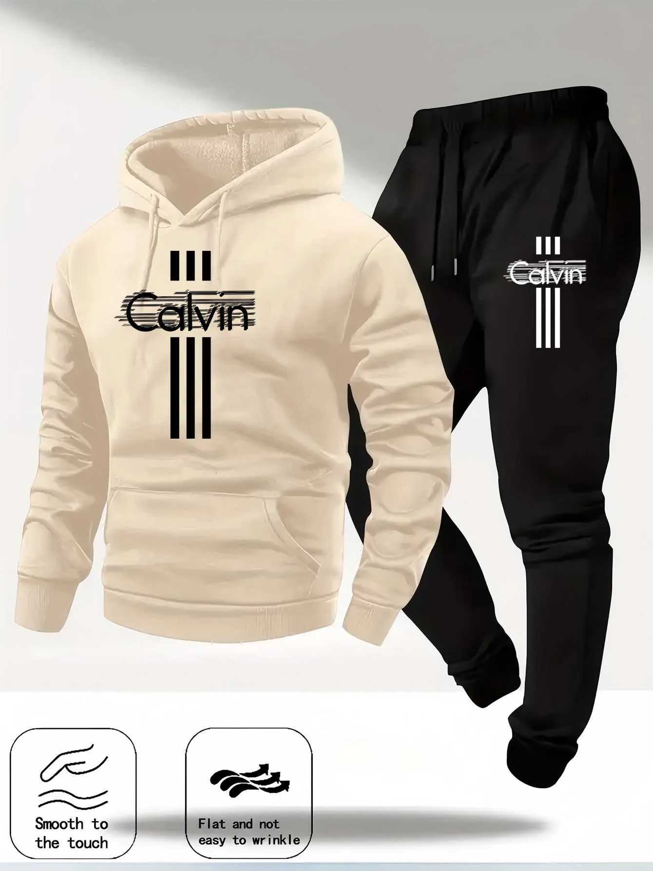 2025 Calvin Printed Mens Long-Sleeved Hooded Sweatshirt Set Casual Sportswear Fashion Trendy Sweater Set tracksuit men hoodiesT251111