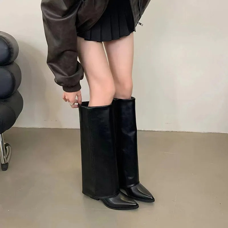 Explosion khaki cloth wide womens knee high boots Dwarf heel long womens shoes pointed womens winter boots 251110