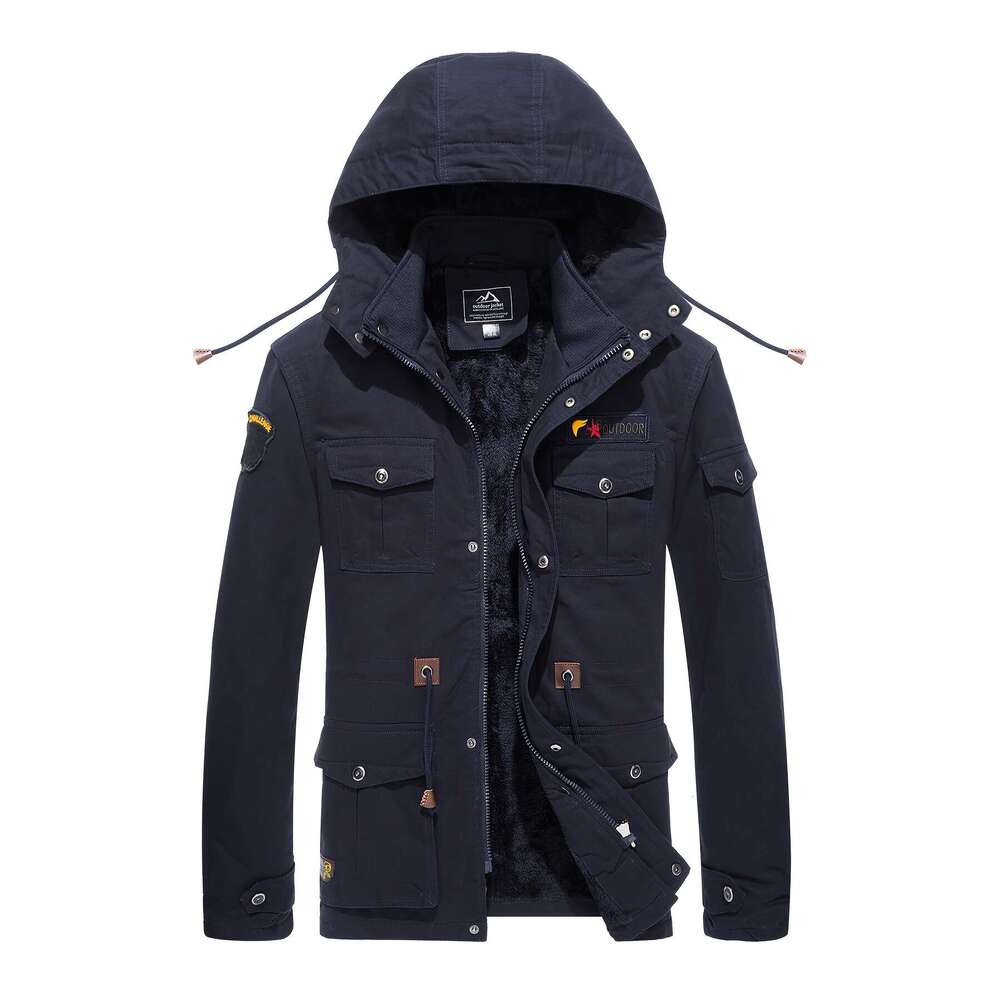 Men's Heavy-Duty With Fleece Lining & Windproof Full-Zip Hooded Work Coat, 8 Multi-Pocket Outdoor Gear For Hiking, Camping, Skiing, Flying Thick 