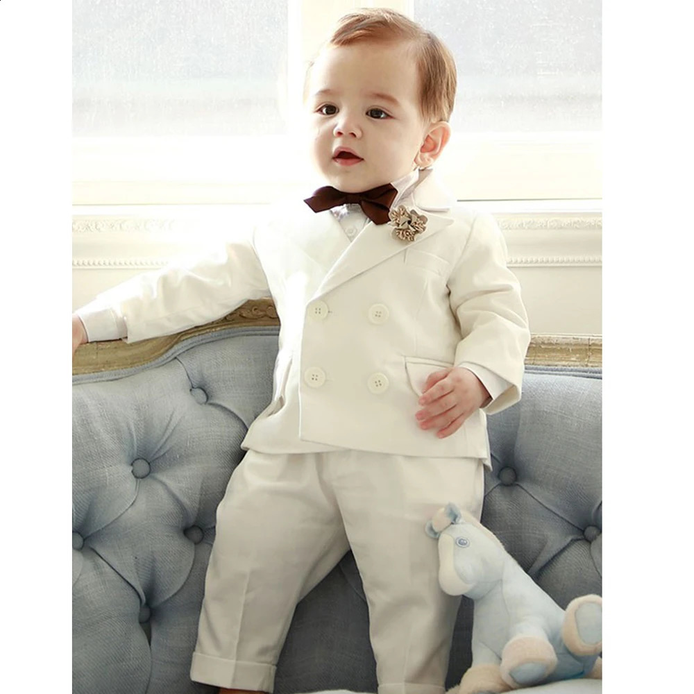 Kids Boys White Blazer Suspenders Pants 3PCS Set Children Baptism Wedding Suit Baby Boy Elegant Dress Party Costume 250410