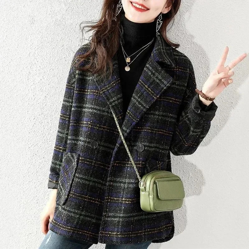 2024 Style Womens Plaid Suit Woolen Jacket Loose Fit Vintage Checked Coat Medium Length Korean Version 251103