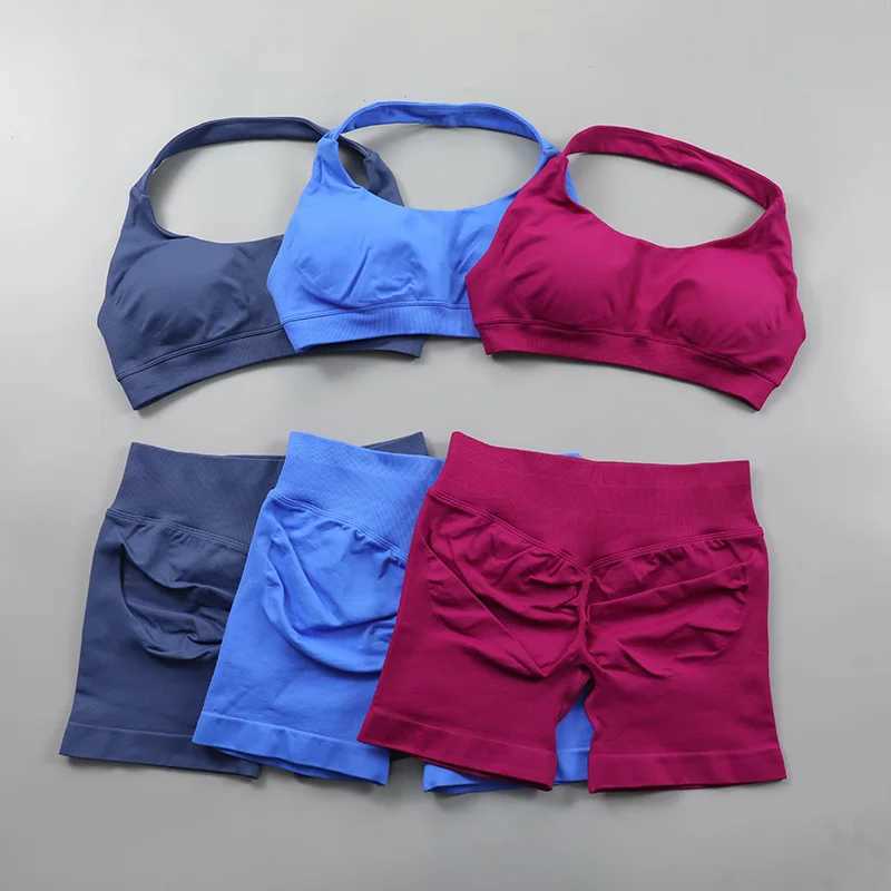 Impact shorts set seamless yoga set womens 2Pcs suspender sports bra twisted hip gym shorts set sportswear summer sportswearW250411