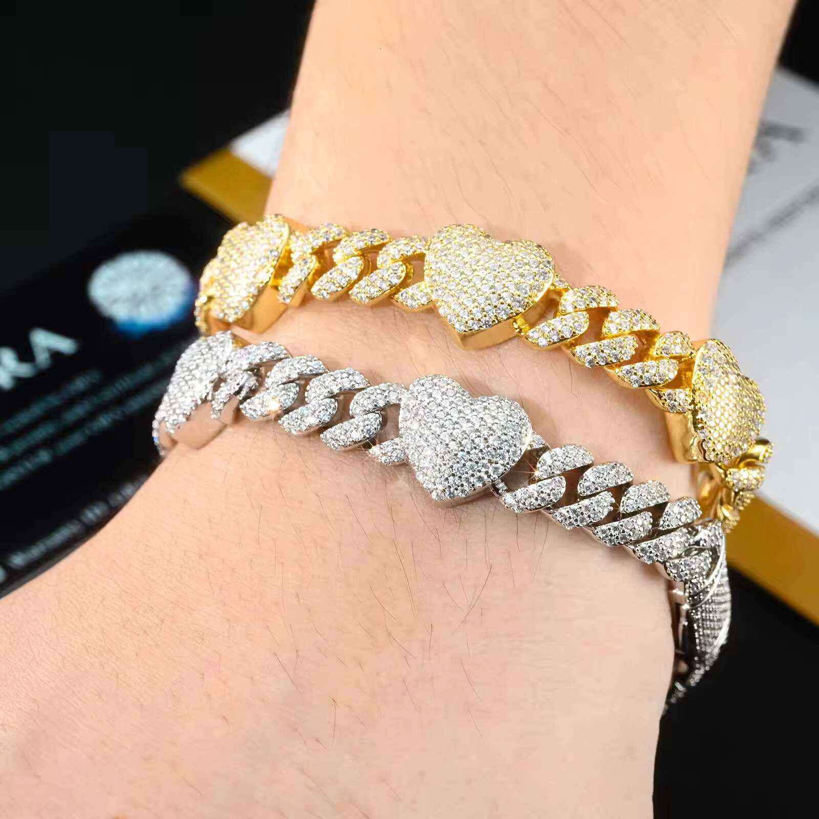 Fashion Love 925 Sterling Silver Cuban Chain 8mm Iced Out Hip Hop D VVS Moissanite Cuban Link Heart Chain Bracelet