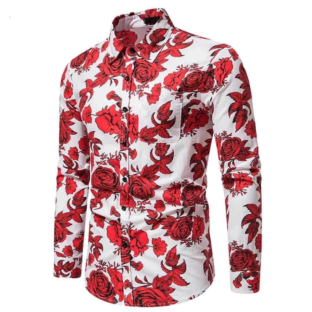 Mens long-sleeved shirt casual fashion 3d rose print shirt mens lapel shirt long-sleeved New Year gift K251110