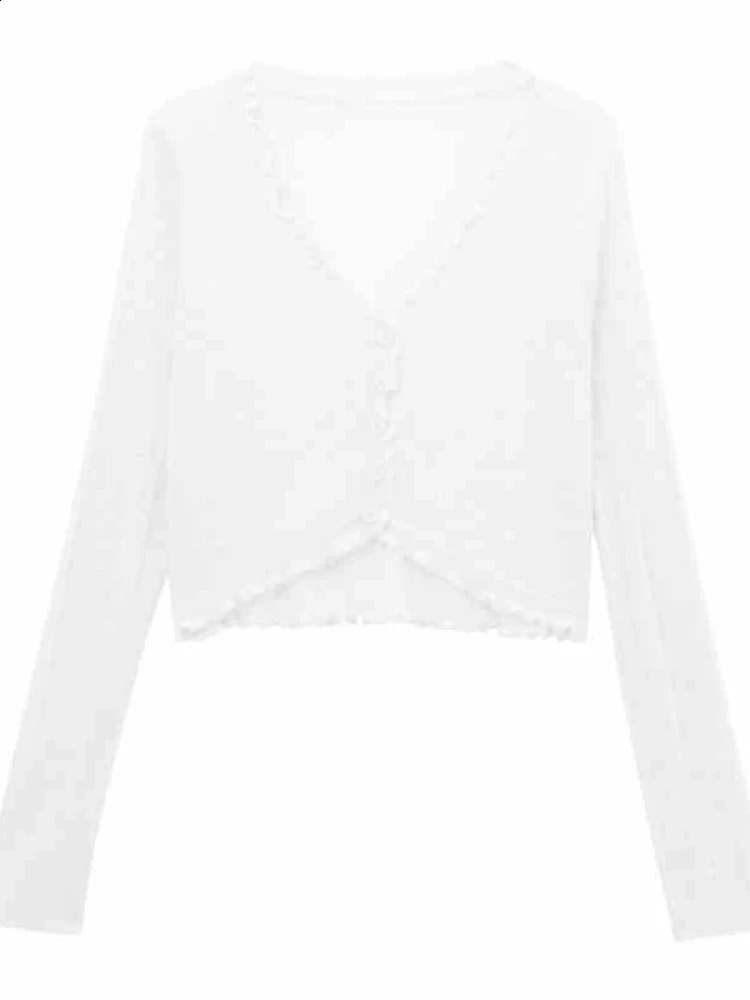 Lace border button long sleeved crop top womens short open front rib knitted cardigan 250407