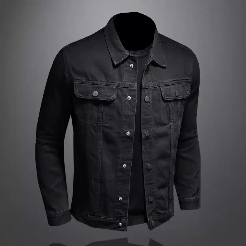 High quality fashionable handsome trend black button multi pocket solid color denim jacket mens 250401