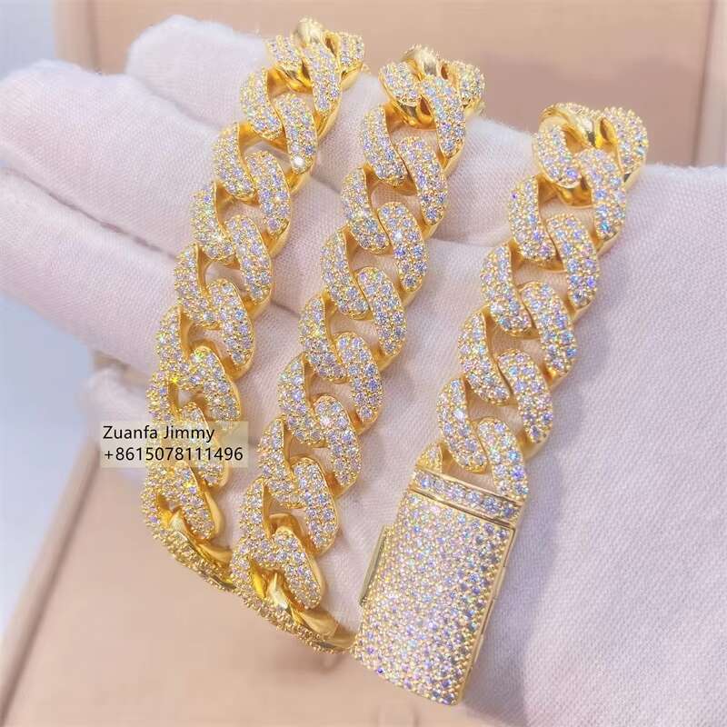 Luxury Custom Iced Out Buss Down Two Row Fully Iced Out 13mm VVS1 Moissanite Diamond Miami Cuban Link Chain