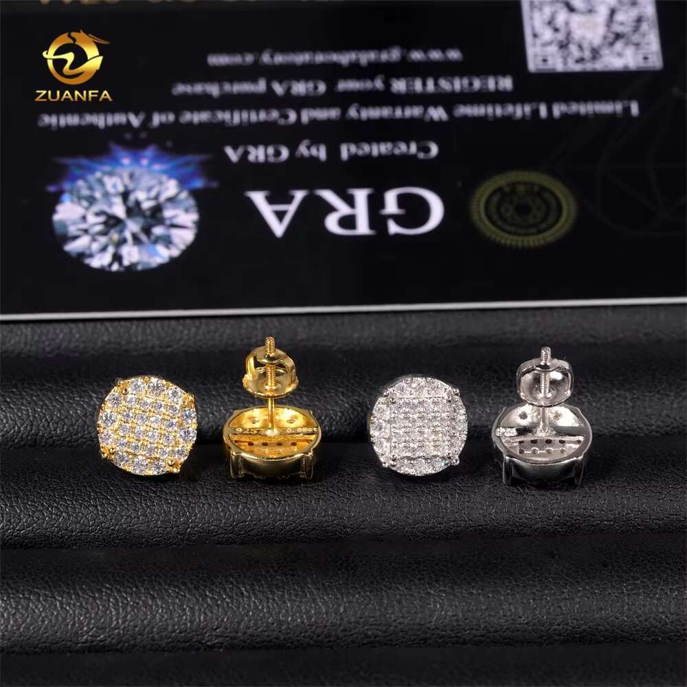 Wholesale Price High Quality Bling Iced Out Hip Hop 925 Sterling Silver Mens Round Moissanite Diamond Earrings