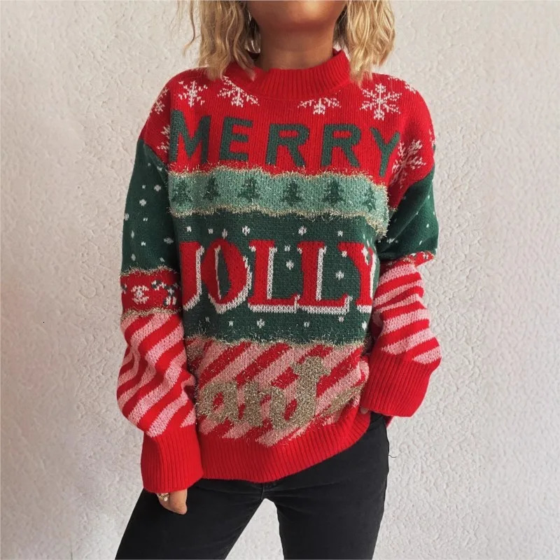 Christmas Jacquard Knitted Round Neck Casual Loose Sweater Hoodie Fashion Print Long Sleeves Pullovers Winter Clothes Woman 251106