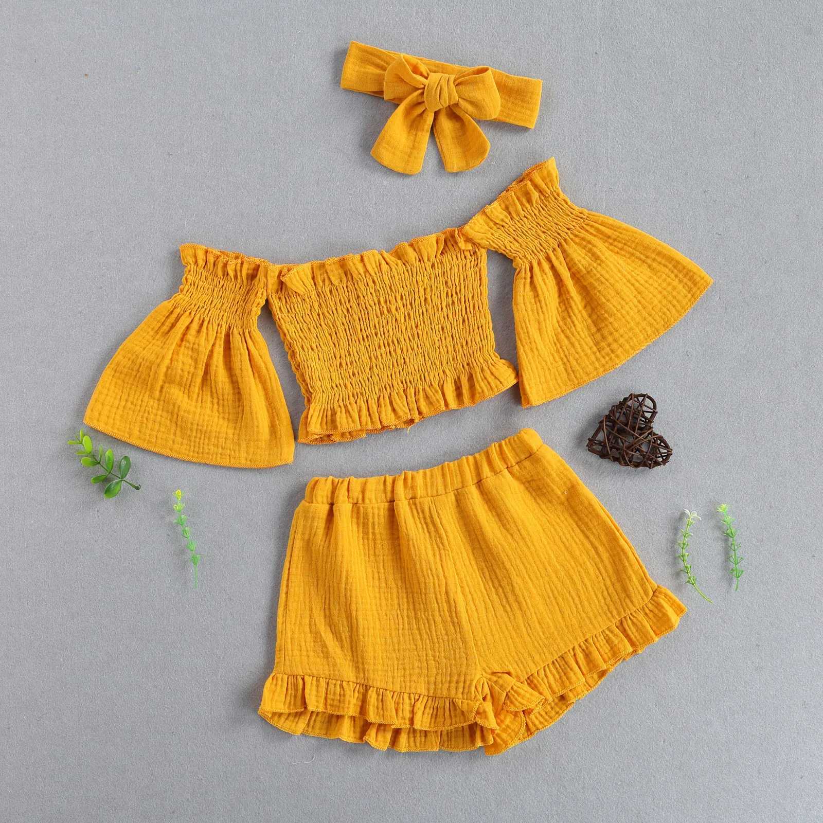 3 baby solid color sets baby girl shoulder flap sleeves boat neck top+pleated shorts+bow headband 1-6TXJ250410