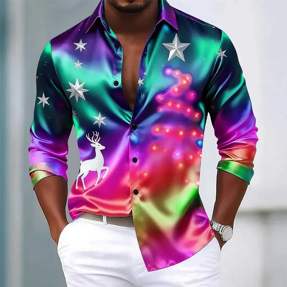 Christmas Mens Stars Gradient Color Christmas Light Shirt Dress Shirt Long Sleeve Fashion Casual Outdoor Party Holiday Spring K251110