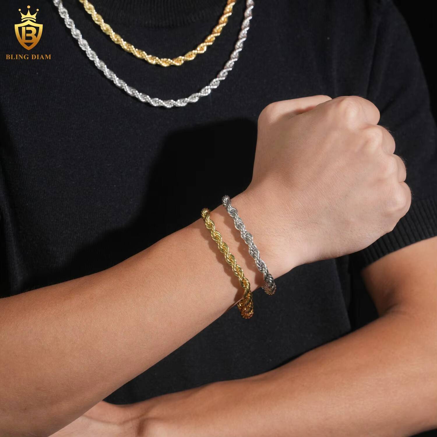 Hot Sale Moissanite Hip Hop Jewelry 6MM VVS Moissanite Rope Chain S925 Silver Stainless Steel Chain Men