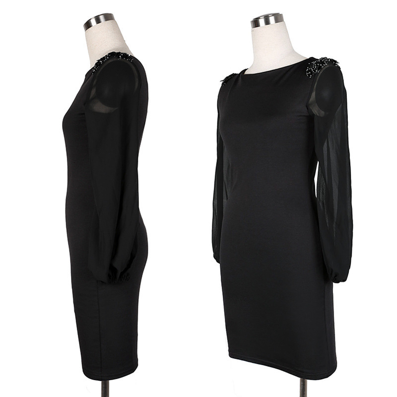 Quick Buy Autumn New Large Women's Chiffon Long Sleeve Shoulder Beaded Dress