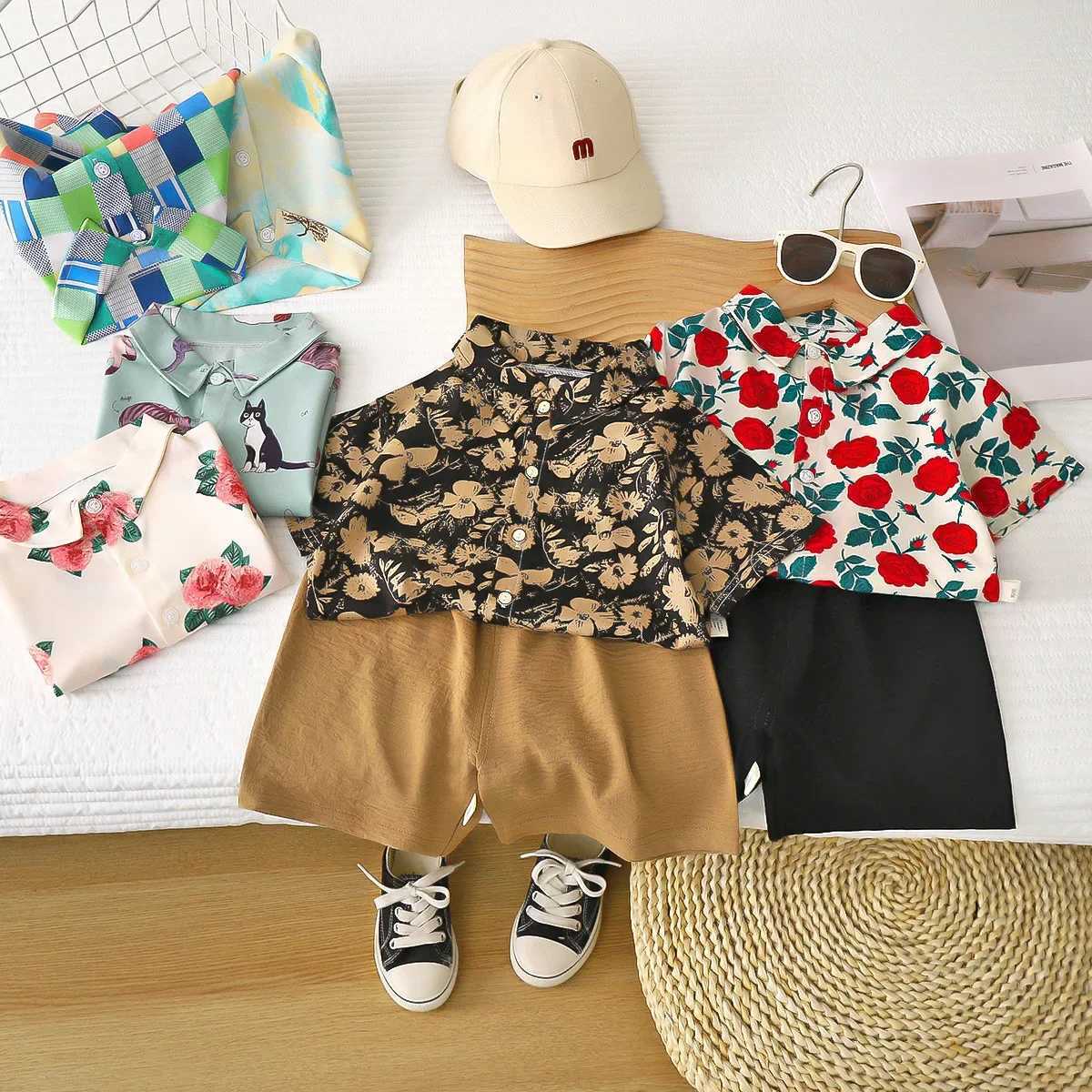 Childrens clothing set with collar and short sleeved shirt+2-piece short sleeved boys clothing set childrens clothing setXJ250410