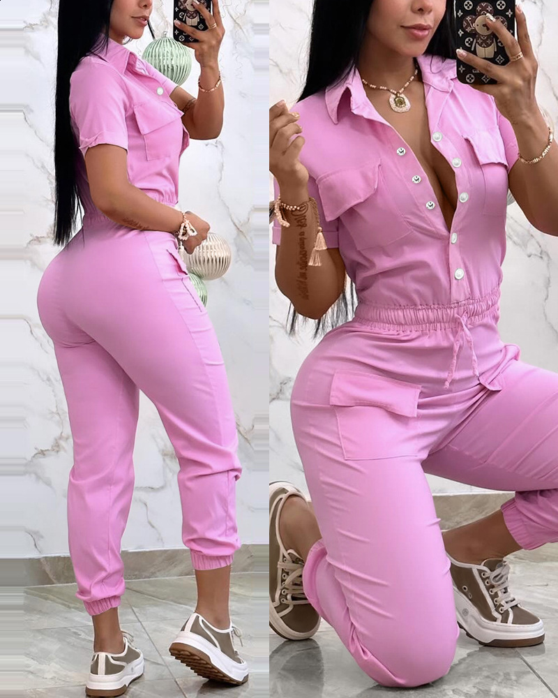 2024 fashion mature womens casual multi pocket waist elastic workwear jumpsuit