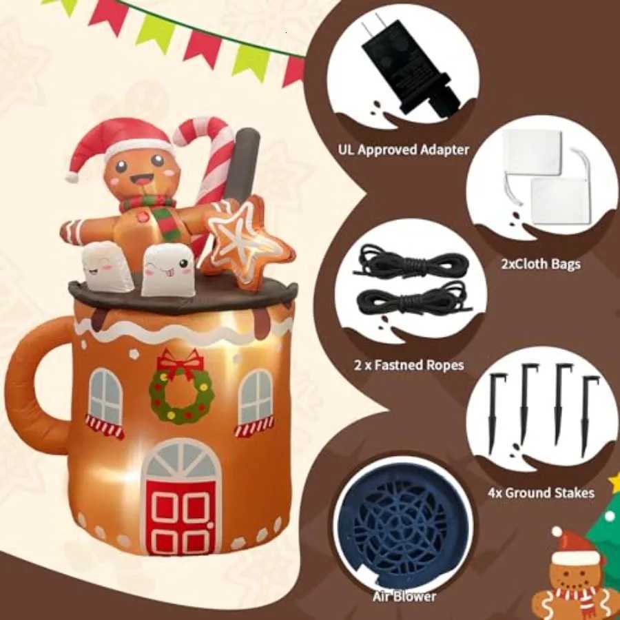 Christmas 6FT Christmas Inflatable Outdoor Decoration Featuring a Gingerbread Man in a Hot Cocoa Mug Blow Up Christmas Decorations for La Y251111