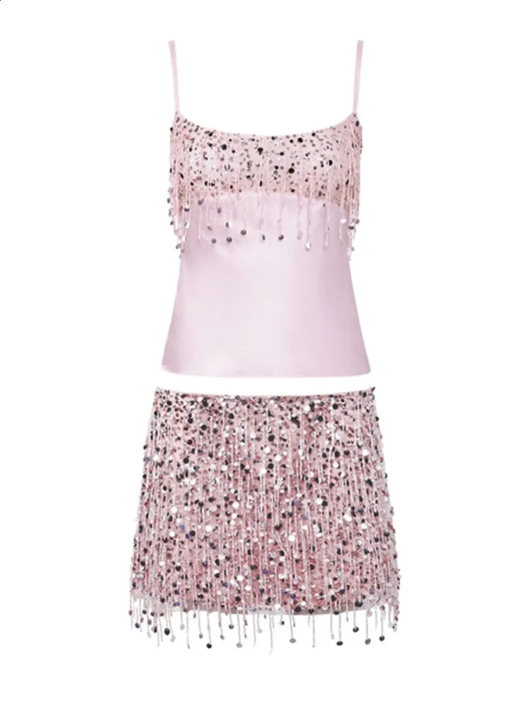 Sexy Sequins Tassel Skirt Sets Women Sling Crop Tops Hip Package A-line Short Skirts 2025 Summer Chic Beach Party Outfits Lady 250409