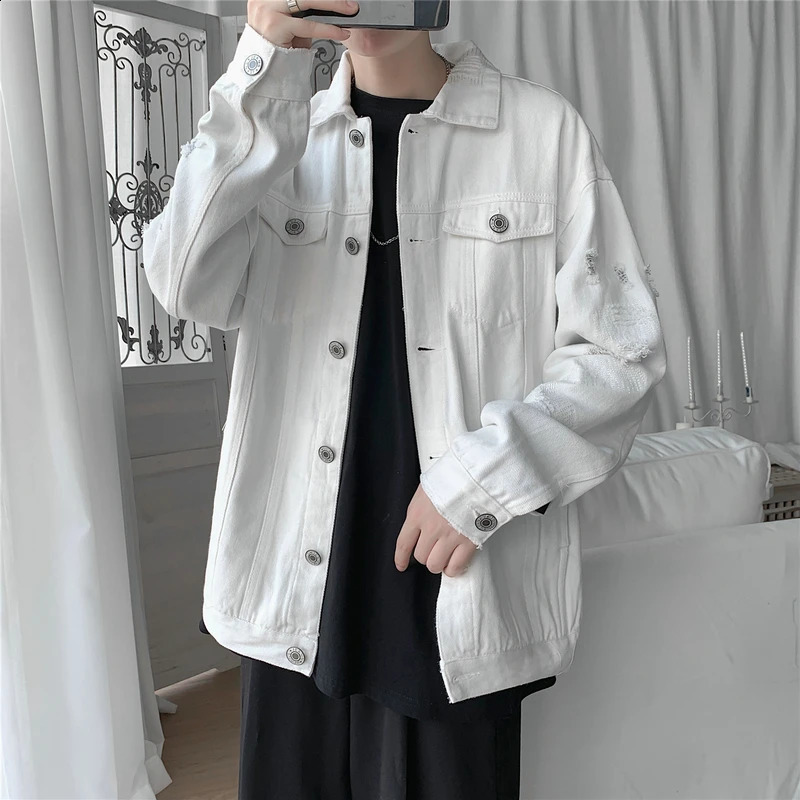 autumn mens denim jacket ultrathin slim fit cotton red white black cracked hole Jean Coats plus size M5XL 250401