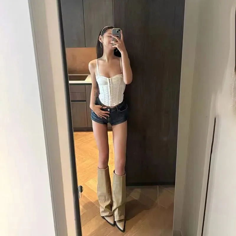 Explosion khaki cloth wide womens knee high boots Dwarf heel long womens shoes pointed womens winter boots 251110