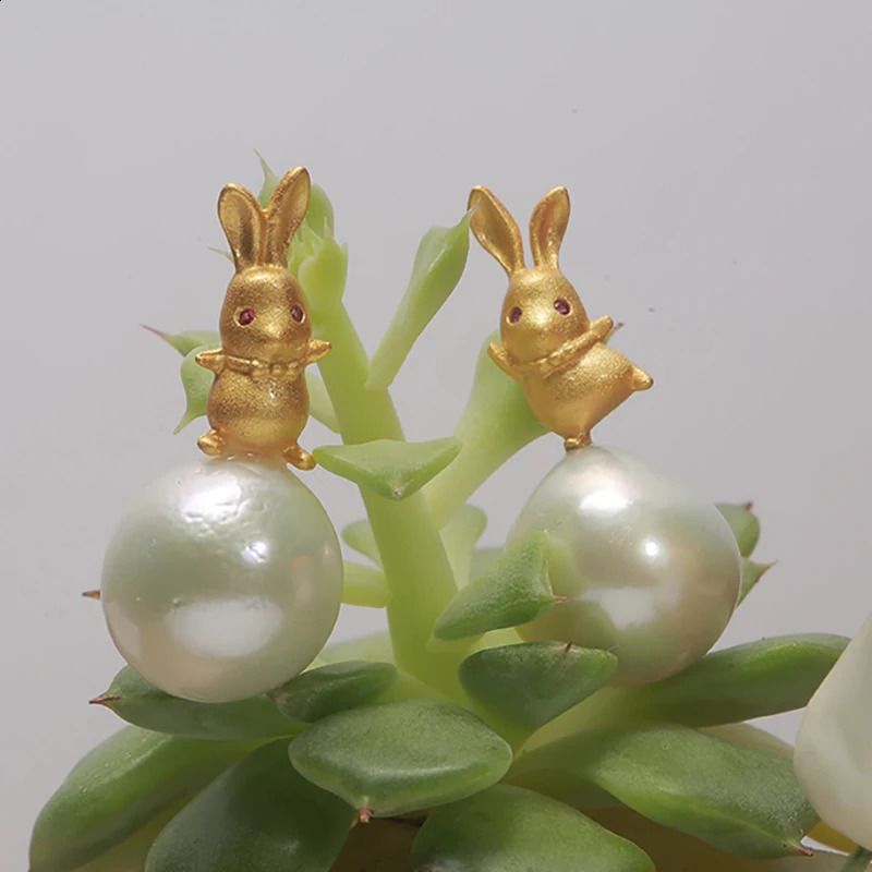Handmade 100% Natural Fresh Water Drop Baroque Pearl Earrings 12-15mm Cute Golden Rabbit 925 Pure Silver Year Gift Earrings 250409