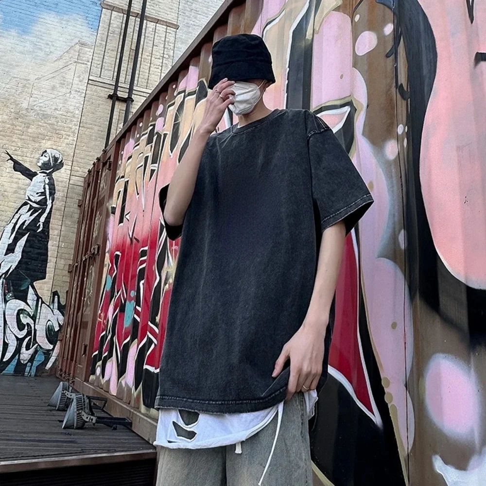 230G pure cotton retro T-shirt with off shoulder sleeves mens retro short sleeved T-shirt solid color hip-hop loose T-shirt 250411