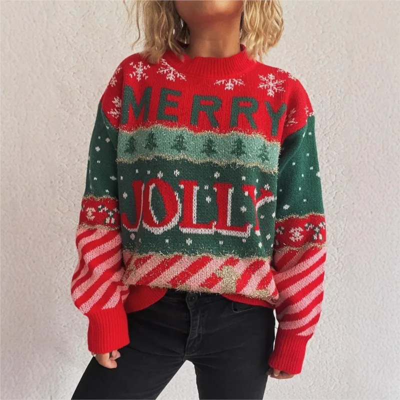 Christmas Jacquard Knitted Round Neck Casual Loose Sweater Hoodie Fashion Print Long Sleeves Pullovers Winter Clothes Woman 251106