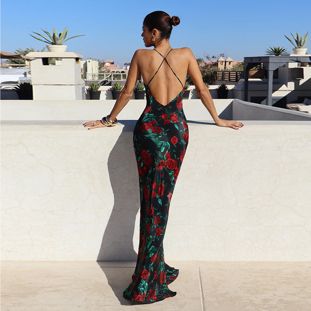 G48Chic Spring Fashion 2025 - Elegant Deep V Backless Dress with Striking Print Detail for Trendsetters