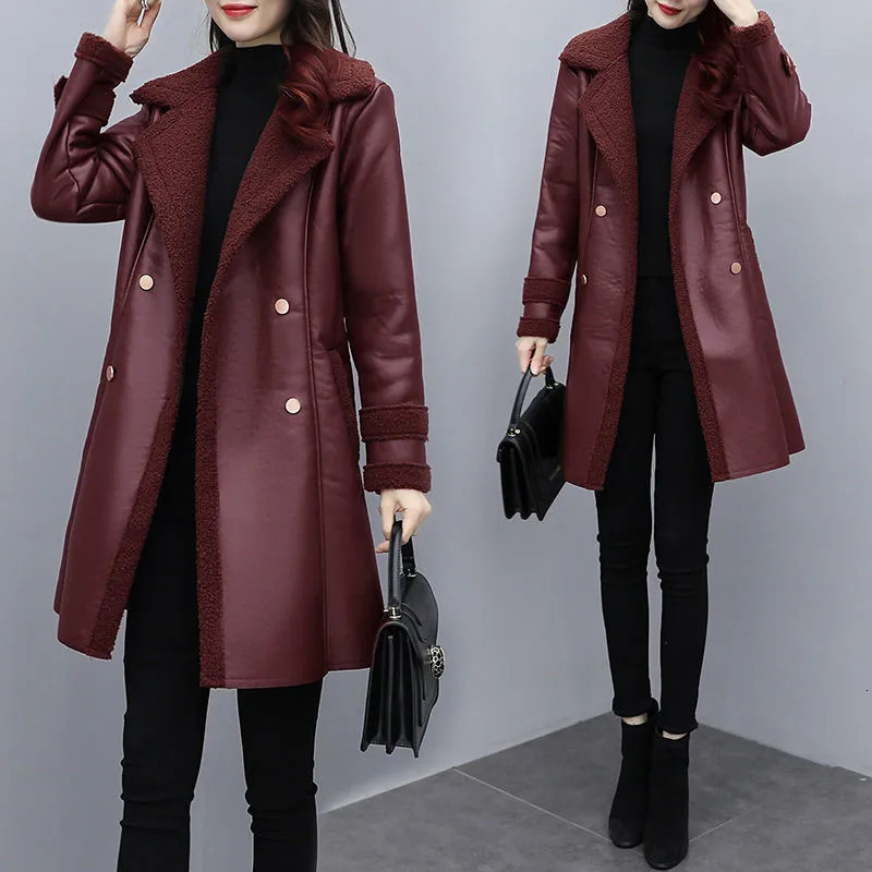 2025 Autumn Winter Jacket Womens Fur One PU Leather Coats Loose Ladies Outwear With Thicker Overcoat Female Tops 251103