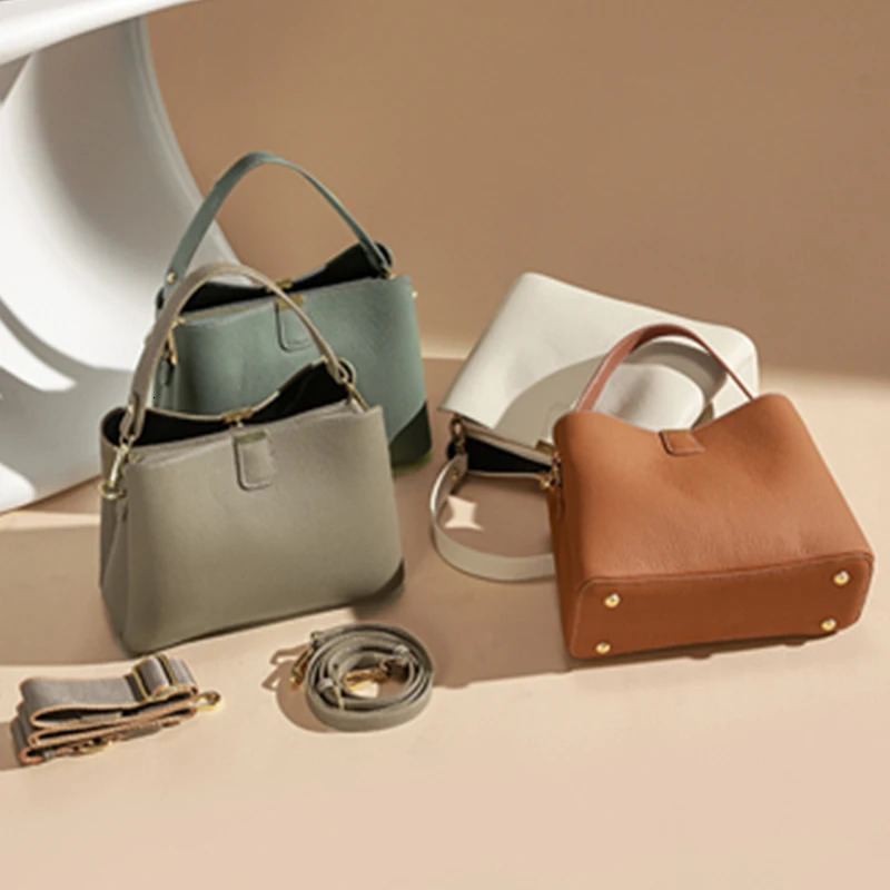 Hifashion Cowhide Genuine Leather Bucket Tote Handbags For Women 2025 Wide Strap Ladies Shoulder Crossbody Bags 251103