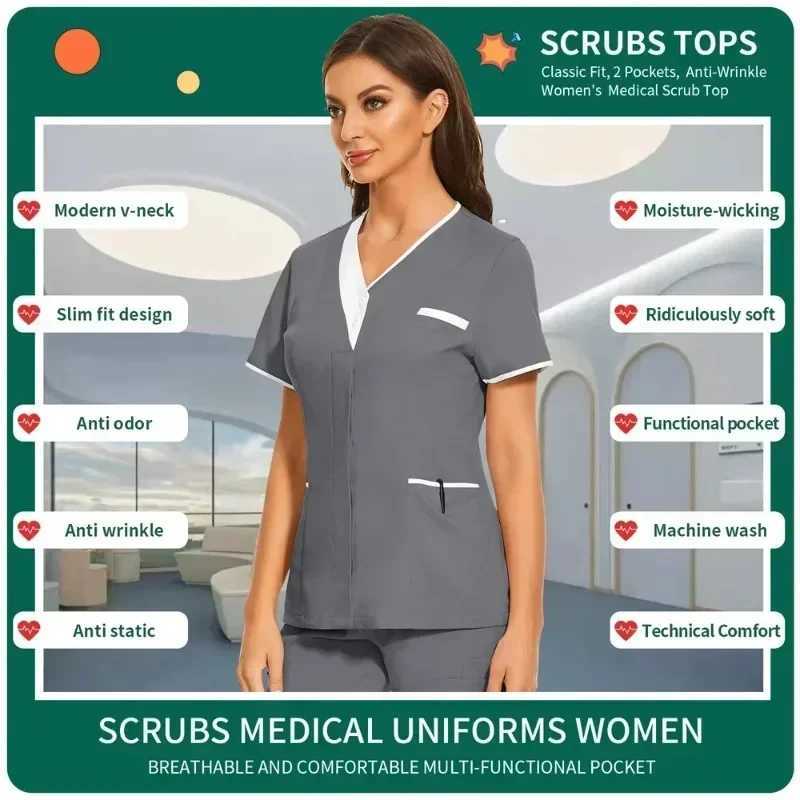 Clinical work clothes medical nurse uniforms frosted tops short Slve doctor clothes solid color medical frosted shirts Vneck work clothes X250410