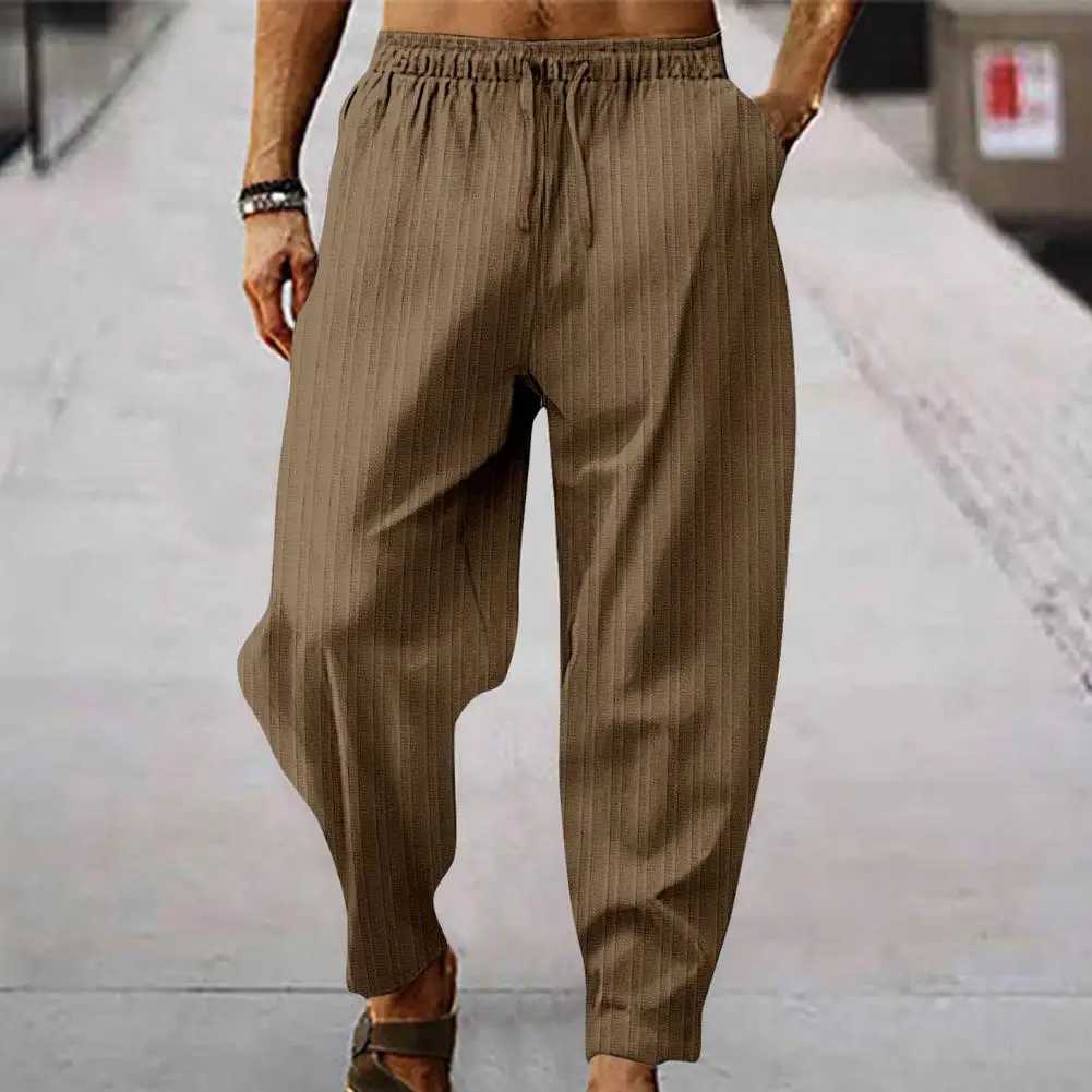 Mens solid color brushed elastic waist leggings wide leg stripes deep crotch loose soft breathable sports pantsXJ250410
