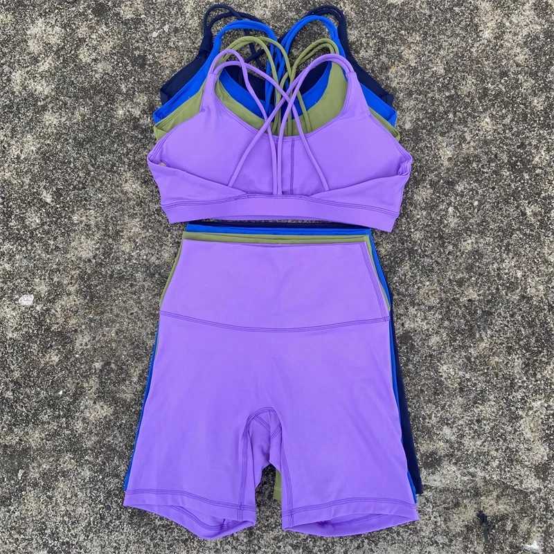 Solid color fitness bike yoga set short leg cross back sports bra 2pc track suit womens gym set comprehensive training JoW250411