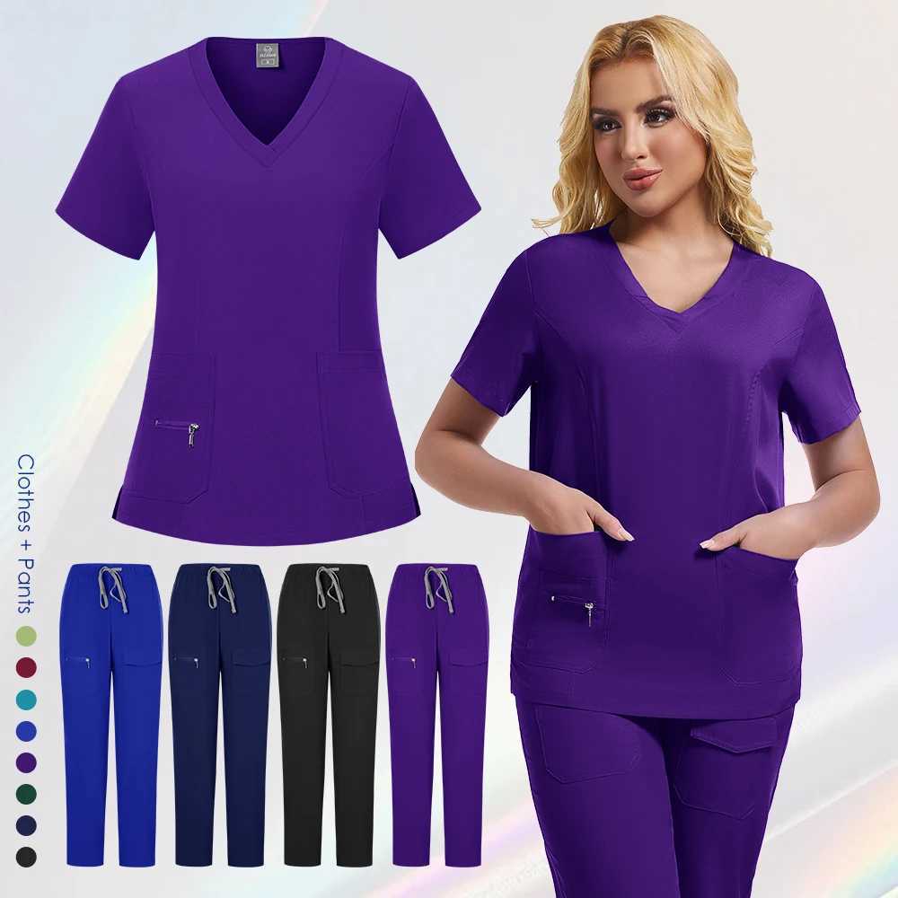 Workwear Nursing Women Scrubs Pants Elastic Working Uniform Women Short Slve Neck Tops Dental Hospital Scrubs Suits X250410