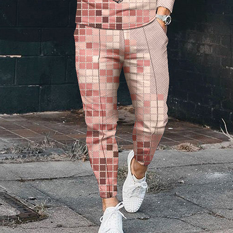 Mens 2025 New Mens Casual Print Polo Two Long Sleeve Pants
