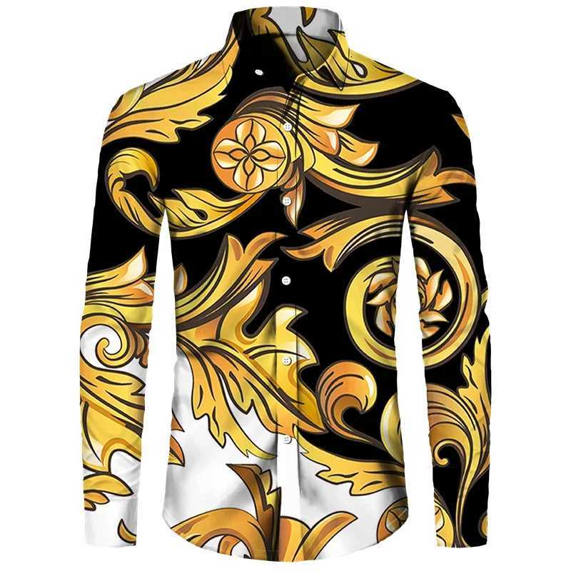 2024 Mens Gold Printed Long Sleeve Shirt Mens Casual All-match Fashion Street Mens Shirt Lapel Single-breasted Long Sleeve K251110