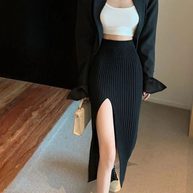 Sexy split style long leather womens elegant and slim suitable for high waisted knitted skiing autumn winter bags Hip Midi 250407