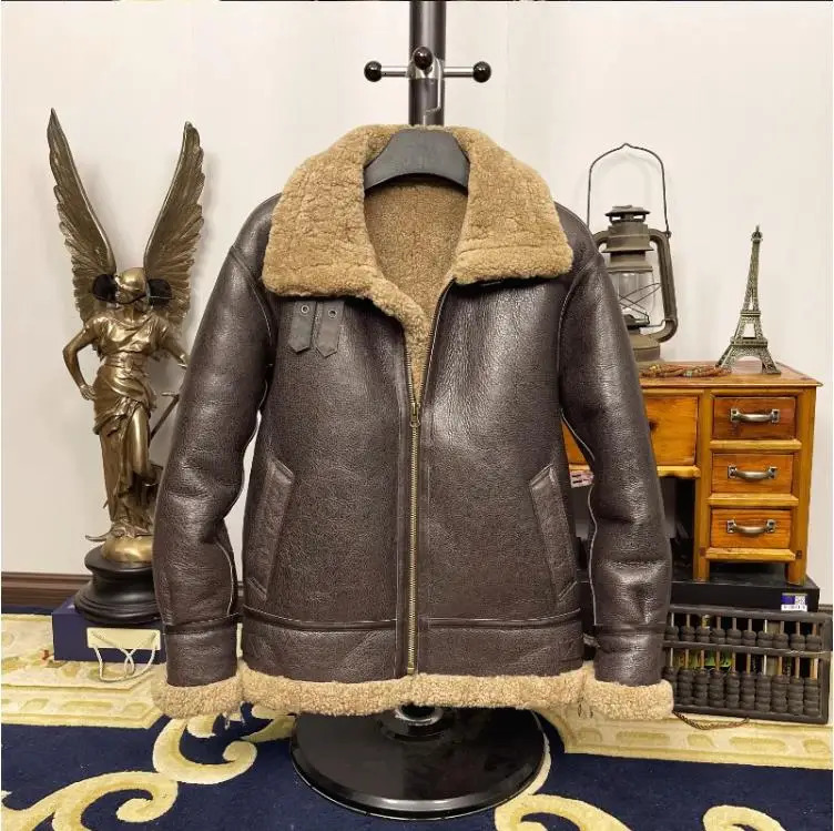 YRWholesalesMen Bomber Winter warm thick 100 fur jacketB3 natural sheepskin with wool coatquality genuine shearling 251106