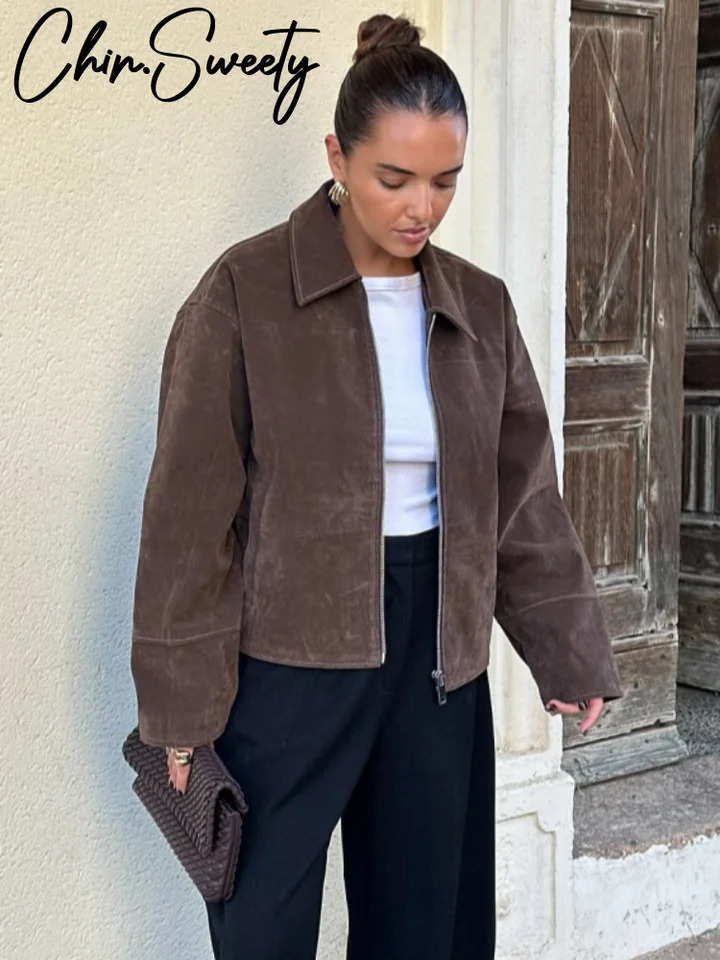 Fashion Brown Suede Womens Jackets Turn-Down Collar Zipper Loose Lady Short Coats Autumn Female Street Office Outwear 251106