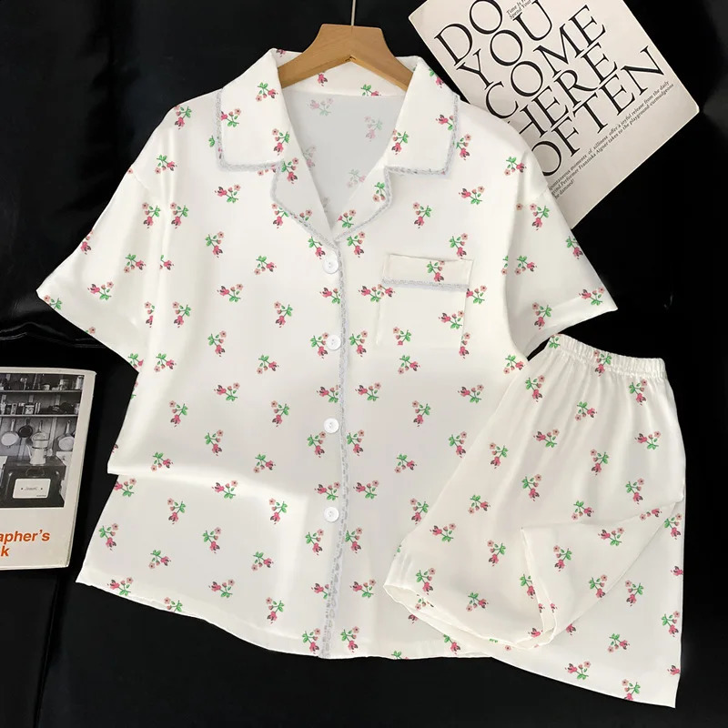 Princess Style Small Floral Pajamas Female Summer Garden Fresh Ice Silk Thin Section of Short-Sleeved Casual Homewear Suit 250411