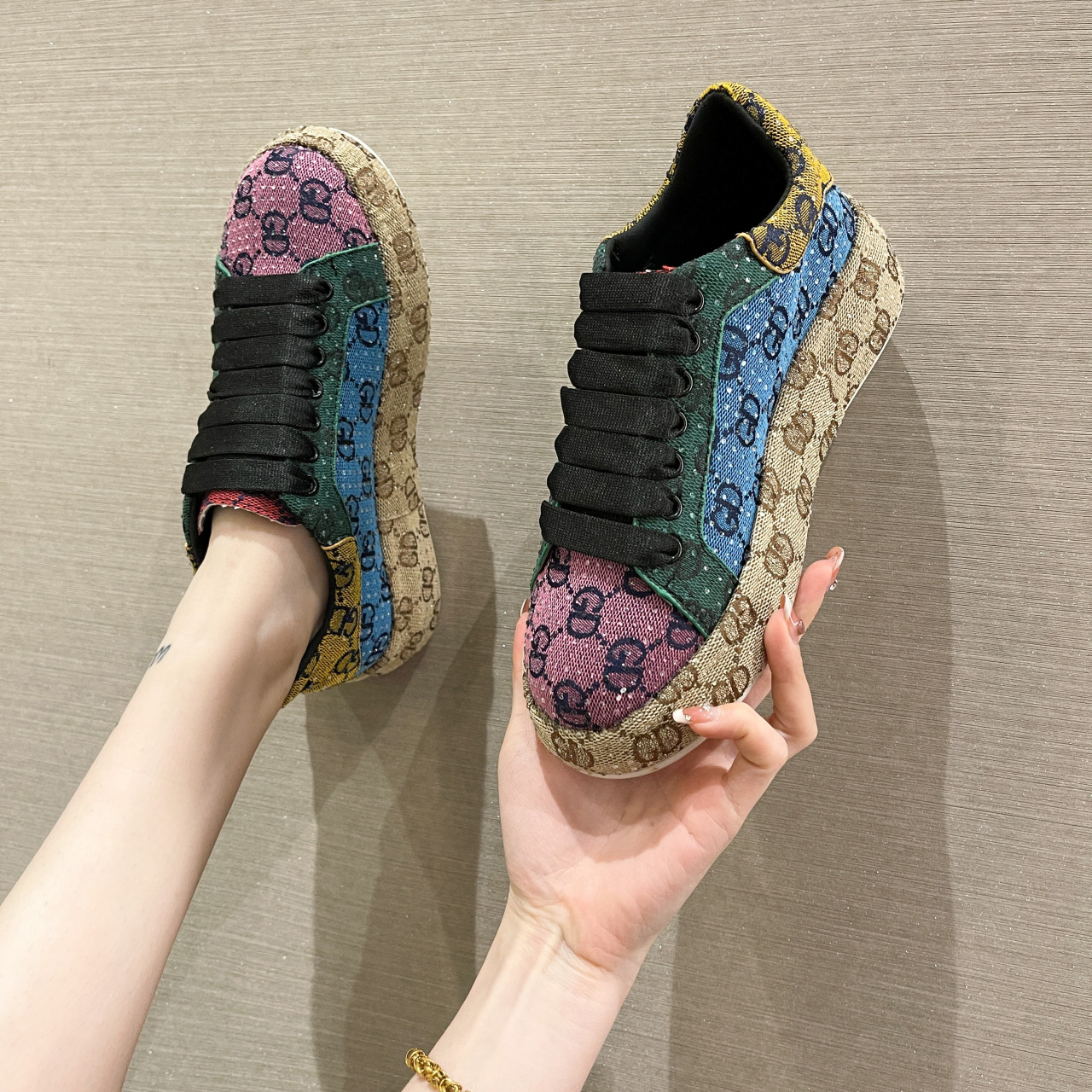 2025 spring summer new full rhinestone platform sneakers women versatile color block embroidery printed fashion trendy shoes colorful board shoes hot