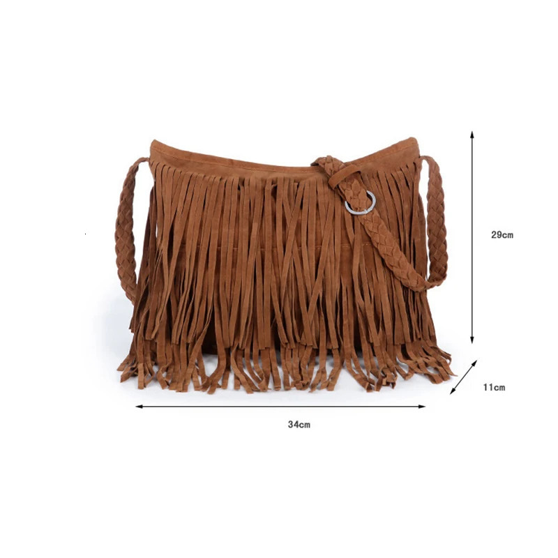 Womens Fringed Leather Shoulder Bag With Adjustable Knitting Strap Soft Ethnic Style PU Messenger Bag Solid Color 251110