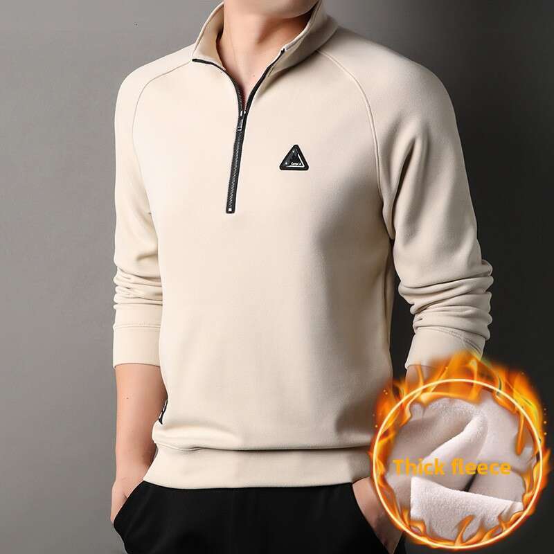 Solid Color Half-Zip Stand Collar Long Sleeve Sweatshirt For Men, Autumn And Winter Trendy Fleece Lined Thickened Casual Base Shirt Top Wholesale