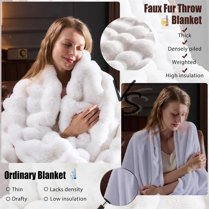 Ultra Soft Luxury Flffy Faux Rabbit Fur Blanket Thick Winter Warm Throw Blankets Plush Cozy Bubble Fleece Blankets Home Decor C251111