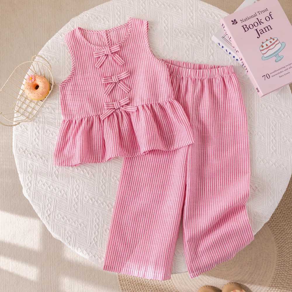 Summer girls set pink vertical stripe bow sleeveless vest+pants two-piece set cute childrens clothing setXJ250410