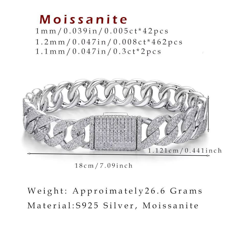 Hip Hop Style S925 Sterling Silver Moissanite Chain Bracelet D Color VVS1 Lab Diamonds 18K Gold Rose Gold White Gold Jewelry