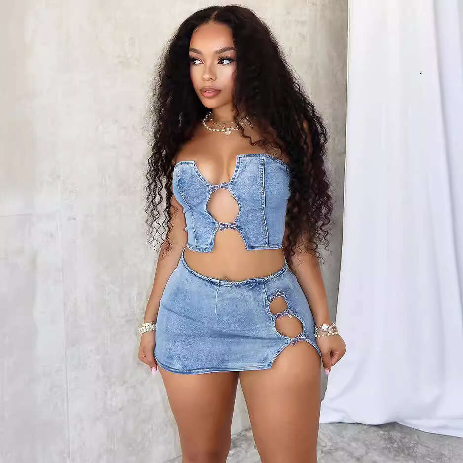 Women's Wear Women's Wear Women's Summer New Fashionable Sexy Drawstring Wrapped Chest Top With Slit And Hip Hugging Short Skirt