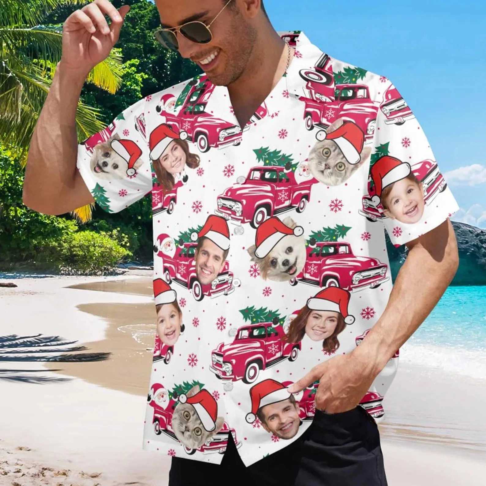 Funny Unisex Hawaiian Custom Christmas Face 3D Photo Print Button Diy Photo Shirt Short Sleeve Designer Shirts Clothes Xmas Gift K251110